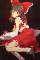 Rule 34 | 1girl, bow, brown eyes, brown hair, detached sleeves, female focus, gradient background, hair bow, hair tubes, hakurei reimu, japanese clothes, large bow, long hair, long sleeves, lying, midriff, miko, on side, sidelocks, skirt, solo, star (symbol), starbottle, touhou