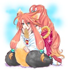 Rule 34 | 00s, 1boy, alternate hairstyle, animal ears, artrabo, bow, fox ears, fox tail, green eyes, kemonomimi mode, long hair, luke fon fabre, male focus, mouth hold, pants, ponytail, red hair, sandals, sidelocks, sitting, socks, solo, tail, tales of (series), tales of the abyss, very long hair, wariza