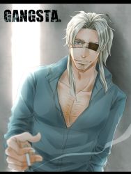 Rule 34 | 10s, 1boy, bad id, bad pixiv id, blue eyes, blurry, cigarette, copyright name, depth of field, eyepatch, facial hair, gangsta, goatee, gradient background, grey background, grey hair, grin, kaoru (shunran), leaning, letterboxed, lips, long sleeves, male focus, manly, open clothes, open shirt, shirt, sidelocks, smile, solo, worick arcangelo