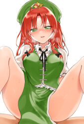Rule 34 | 1girl, ahoge, bare legs, blush, bow, braided sidelock, breasts, chinese clothes, full-face blush, green eyes, hair bow, half-closed eyes, highres, hong meiling, implied sex, knees up, large breasts, looking at viewer, nanana (chicken union), pelvic curtain, puffy short sleeves, puffy sleeves, red hair, short sleeves, simple background, smile, solo, spread legs, steam, touhou, white background
