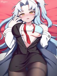Rule 34 | 1girl, absurdres, angela (project moon), blue hair, blush, bra, breasts, breasts apart, covered erect nipples, highres, light blue hair, long hair, looking at viewer, losingmysauce, lying, medium breasts, necktie, on back, on bed, open clothes, open mouth, pencil skirt, project moon, skirt, solo, underwear, yellow eyes