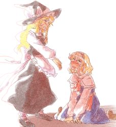 Rule 34 | 2girls, alice margatroid, blonde hair, crying, crying with eyes open, female focus, full body, gioha, kirisame marisa, looking away, multiple girls, outstretched hand, tears, touhou