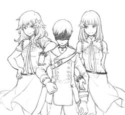 Rule 34 | 1boy, 2girls, bad id, bad pixiv id, devola, greyscale, height difference, monochrome, multiple girls, nage, nier:automata, nier (series), popola, siblings, sisters, sketch, smile, twins, 9s (nier:automata)