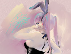 Rule 34 | 1girl, animal ears, bare arms, bare shoulders, blue choker, blue eyes, blue ribbon, breasts, rabbit ears, choker, covered mouth, fake animal ears, from behind, geshumaro, hand up, leotard, looking at viewer, looking back, medium breasts, original, pink background, pink hair, playboy bunny, ribbon, sideways glance, signature, solo, strapless, strapless leotard, twintails