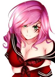 Rule 34 | 1girl, blade &amp; soul, breasts, cleavage, closed mouth, facial tattoo, female focus, foxykuro, green eyes, hair ornament, jin (blade &amp; soul), large breasts, long hair, original, pink hair, school uniform, serafuku, shiny skin, simple background, smile, solo, tattoo, upper body, white background