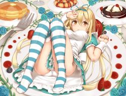 Rule 34 | 1girl, alice (alice in wonderland), alice in wonderland, apron, ass, blonde hair, blue dress, blue flower, blue hairband, blue rose, blush, breasts, clothes between thighs, commentary request, cookie, dress, flower, food, fork, fruit, full body, hair between eyes, hairband, hand on forehead, jitome, lips, long hair, looking at viewer, lying, medium breasts, on back, on plate, orange eyes, original, oversized object, panties, pantyshot, plate, puffy short sleeves, puffy sleeves, reinama, rose, short sleeves, solo, strawberry, striped clothes, striped thighhighs, table, thighhighs, thighs, two-tone legwear, underwear, white panties