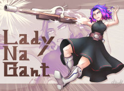 Rule 34 | 1girl, angry, arm cannon, armpits, artist request, bare shoulders, belt, belted dress, black dress, blue hair, boku no hero academia, boots, breasts, bullet, character name, clenched hand, clenched teeth, collarbone, dress, eyebrows, eyelashes, female focus, fighting stance, firing, full body, grabbing another&#039;s hair, gun, hand up, highres, holding, holding bullet, knee boots, knee up, lady nagant, large breasts, legs, looking away, medium dress, multicolored hair, multiple views, neck, outstretched arms, parted bangs, pink eyes, pink hair, pointing, pointing to the side, rifle, sidelocks, sleeveless, sleeveless dress, smoke, sniper rifle, spread arms, teeth, thighs, turtleneck, turtleneck dress, two-tone hair, utility belt, weapon, white footwear