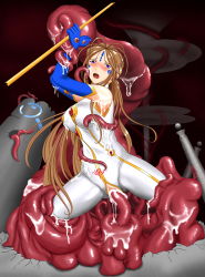 Rule 34 | 1girl, :d, aa megami-sama, absurdres, antenna hair, bare shoulders, belldandy, blue eyes, bodysuit, bound, bound wrists, breasts, brown hair, covered erect nipples, cum, cum in pussy, cum on body, cum on breasts, cum on clothes, cum on upper body, cumdrip, elbow gloves, facial, facial mark, forced, forehead mark, gloves, graphite (medium), hands up, highres, impossible clothes, long hair, medium breasts, open mouth, pubic tattoo, pussy, rape, restrained, sccmembt, skin tight, smile, solo, spread legs, tattoo, tentacle sex, tentacles, tight clothes, torn clothes, traditional media, uncensored, vaginal, very long hair