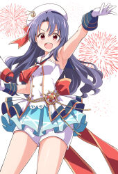 Rule 34 | 1girl, aerial fireworks, arm up, armpits, black hair, blush, bow, breasts, commentary, cowboy shot, dot nose, dress, dress bow, fireworks, gloves, hand up, hat, highres, holding, holding megaphone, idolmaster, idolmaster million live!, idolmaster million live! theater days, long hair, looking at viewer, medium breasts, megaphone, neckerchief, no eyewear, open hand, open mouth, red bow, red eyes, red neckerchief, sailor collar, senkou hanabi dan (idolmaster), shorts, shorts under skirt, sleeveless, sleeveless dress, smile, solo, standing, taka (suigendou), takayama sayoko, teeth, two-tone dress, upper teeth only, v-shaped eyebrows, white background, white gloves, white hat, white sailor collar, white shorts