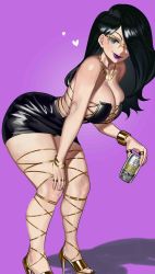 Rule 34 | 1girl, absurdres, black dress, black hair, borrowed character, bracelet, breasts, can, cleavage, commission, copyright request, cross-laced clothes, dress, full body, glasses, hair over one eye, heart, high heels, highres, holding, holding can, jewelry, large breasts, long hair, necklace, nia (nia4294), purple background, ring, shadow, simple background, smile, solo, standing, tight clothes, tight dress