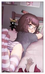 Rule 34 | 1girl, ass, bed, bedroom, black shirt, book, brown hair, commission, fallenshadow, glasses, highres, indie virtual youtuber, indoors, legs up, looking at viewer, looking back, lying, nail polish, no pants, no shoes, on stomach, open mouth, panties, pettan (zeez4743), pillow, pink eyes, pixiv commission, shirt, short hair, short sleeves, smile, striped clothes, striped panties, striped thighhighs, the pose, thighhighs, thighs, underwear, virtual youtuber