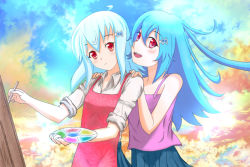 Rule 34 | 2girls, ahoge, apron, aqua hair, art brush, bad id, bad pixiv id, bare shoulders, bili girl 22, bili girl 33, bilibili, blue hair, canvas (object), hair down, hair ornament, hands on shoulders, jc (a81875324), long hair, multiple girls, open mouth, paintbrush, painting (action), palette (object), red eyes, siblings, side ponytail, sisters, sleeves rolled up
