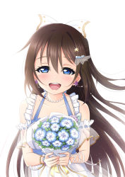 Rule 34 | 1girl, anata no risou no heroine, aqua bow, aqua eyes, arm garter, arm ribbon, artist name, artist request, bare shoulders, blue bow, blue eyes, blush, bouquet, bow, bracelet, breasts, brown hair, collarbone, cross-laced clothes, cross-laced dress, dress, dress bow, drop earrings, earrings, female focus, floating hair, flower, flower bracelet, frilled dress, frills, hair between eyes, hair bow, hair ornament, hairclip, half-closed eyes, half updo, halter dress, halterneck, holding, holding bouquet, holding clothes, holding skirt, jewelry, long hair, looking at viewer, love live!, love live! nijigasaki high school idol club, love live! school idol festival, miniskirt, necklace, osaka shizuku, parted lips, pearl bracelet, pearl hair ornament, pearl necklace, pink flower, pink rose, plaid, plaid dress, plaid skirt, pleated, pleated dress, pleated skirt, ponytail, purple flower, purple rose, ribbon, rose, short sleeves, skirt, smile, solo, star (symbol), star hair ornament, striped clothes, striped dress, striped skirt, vertical-striped clothes, vertical-striped dress, vertical-striped skirt, wavy hair, white background, white bow, white dress, white ribbon, white skirt, wrist ribbon
