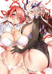 Rule 34 | 2girls, absurdres, artoria pendragon (fate), artoria pendragon (lancer alter) (fate), ass, bed sheet, bikini, black dress, blonde hair, blue eyes, blush, boudica (fate), braid, breasts, cleavage, commentary request, crop top, dress, fate/grand order, fate (series), finger in own mouth, french braid, hair between eyes, highres, interlocked fingers, juliet sleeves, large breasts, long sleeves, looking at viewer, lying, marushin (denwa0214), multiple girls, navel, o-ring, o-ring bikini, o-ring bottom, o-ring top, on back, open mouth, ponytail, puffy sleeves, red hair, red ribbon, revealing clothes, ribbon, short ponytail, sideboob, sidelocks, sweatdrop, swimsuit, thick thighs, thighs, torso, yellow eyes, yuri