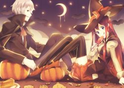 Rule 34 | 1boy, 1girl, :3, arm rest, arm support, bat (animal), black thighhighs, blue eyes, blush, blush stickers, bow, bowtie, candy, cape, cat, cookie, costume, crescent moon, fang, food, glowing, hair between eyes, halloween, halloween costume, hat, hat ribbon, head tilt, lollipop, long hair, long sleeves, looking at viewer, mary janes, moon, night, night sky, original, pants, pie, plate, puffy sleeves, pumpkin, pumpkin pants, pumpkin pie, purple eyes, red hair, ribbon, shoes, shorts, sideways mouth, silver hair, sitting, sky, sleeveless, star (sky), star (symbol), striped clothes, striped thighhighs, thighhighs, tongue, tongue out, vampire, vampire costume, vertical-striped clothes, vertical-striped thighhighs, weee (raemz), witch, witch hat, zettai ryouiki