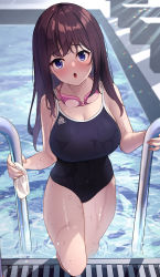 Rule 34 | 1girl, :o, absurdres, black one-piece swimsuit, blue eyes, blush, breasts, brown hair, cleavage, commentary request, goggles, goggles around neck, highres, karaage bou, large breasts, looking at viewer, one-piece swimsuit, open mouth, original, outdoors, pool, pool ladder, school swimsuit, solo, sunlight, swimsuit, thighs, wet