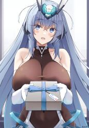 Rule 34 | 1girl, :d, azur lane, bare shoulders, blue eyes, blue hair, blush, bodystocking, breasts, center opening, cleavage, clothing cutout, collarbone, commentary, commission, covered navel, cowboy shot, dress, elbow gloves, gift, gloves, hair between eyes, head tilt, headgear, highres, holding, holding gift, incoming gift, keenh, large breasts, long hair, looking at viewer, new jersey (azur lane), open mouth, see-through, see-through cleavage, side cutout, sidelocks, signature, smile, solo, standing, taut clothes, very long hair, white dress, white gloves