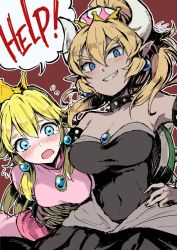 Rule 34 | 2girls, armlet, black dress, blonde hair, blue eyes, blush, bound, bowsette, breasts, carrying, carrying under arm, cleavage, collar, crown, dress, earrings, english text, female focus, grin, hair between eyes, hand on own hip, horns, io naomichi, jewelry, mario (series), multiple girls, new super mario bros. u deluxe, nintendo, pointy ears, ponytail, princess peach, red background, sharp teeth, simple background, smile, spiked armlet, spiked collar, spikes, strapless, super crown, teeth
