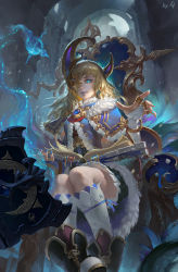 Rule 34 | 1girl, absurdres, artist name, blonde hair, blue eyes, blue lips, blue nails, book, boots, bridal gauntlets, capelet, coat, crescent, crescent hair ornament, earrings, floating book, from below, fur trim, hair ornament, highres, indoors, jewelry, kusi de san gu, legs together, lips, lipstick, long hair, magic, makeup, nail polish, pale skin, pleated skirt, ring, sitting, skirt, snow, solo, throne, wind