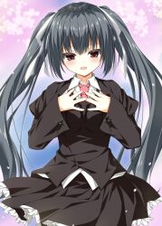 Rule 34 | 1girl, asagi nanami, black hair, black jacket, black skirt, blue background, blush, brown eyes, collared shirt, commentary request, empty eyes, eyelashes, frilled ribbon, frilled skirt, frills, hair between eyes, hair ribbon, hands on own chest, hands up, highres, honma misuzu, jacket, juliet sleeves, long hair, long sleeves, looking at viewer, necktie, open mouth, pink background, puffy sleeves, red necktie, ribbon, sakura no toki, school uniform, shirt, simple background, skirt, sleeves past wrists, smile, solo, straight-on, tears, twintails, two-tone background, very long hair, white ribbon, wide sleeves