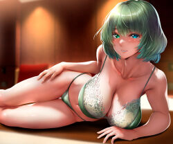 Rule 34 | 1girl, bare shoulders, blue eyes, blurry, blurry background, blush, bra, breasts, cleavage, collarbone, commentary request, green bra, green eyes, green hair, green panties, grin, hair between eyes, heterochromia, idolmaster, idolmaster cinderella girls, indoors, large breasts, looking at viewer, lying, navel, nohito, on side, paid reward available, panties, parted lips, short hair, smile, solo, takagaki kaede, thighs, twisted torso, underwear, underwear only
