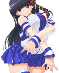 Rule 34 | 1girl, bad id, bad pixiv id, bare shoulders, black hair, blue skirt, breasts, dd (ijigendd), detached sleeves, large breasts, long hair, os-tan, purple eyes, simple background, skirt, solo, thighhighs, thighs, white background, xp-tan