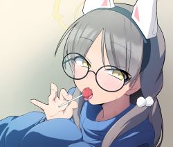 Rule 34 | 1girl, black-framed eyewear, blue archive, blue sweater, blush, breasts, candy, food, glasses, grey background, grey hair, hair ornament, halo, headgear, highres, holding, holding candy, holding food, holding lollipop, licking, lollipop, long hair, long sleeves, looking at viewer, low twintails, miyamegane, moe (blue archive), pom pom (clothes), pom pom hair ornament, portrait, round eyewear, sexually suggestive, simple background, solo, sweat, sweater, twintails, yellow eyes