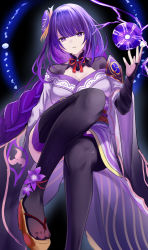 Rule 34 | 1girl, black background, black thighhighs, braid, breasts, bridal gauntlets, brown footwear, cleavage, commentary request, flower, genshin impact, hand up, highres, japanese clothes, kimono, knee up, long hair, medium breasts, natsuki (natukituki), purple eyes, purple flower, purple hair, purple kimono, raiden shogun, sandals, solo, thighhighs, very long hair, zouri