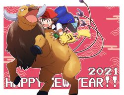 Rule 34 | 1boy, 2021, ash ketchum, backwards hat, baseball cap, blue jacket, commentary request, creatures (company), fingerless gloves, game freak, gen 1 pokemon, gloves, green gloves, happy new year, hat, jacket, male focus, morio (poke orio), new year, nintendo, open mouth, outline, pants, pikachu, pokemon, pokemon (anime), pokemon (classic anime), pokemon (creature), red headwear, riding, riding pokemon, seigaiha, shoes, short hair, short sleeves, spiked hair, sweatdrop, tauros, tongue