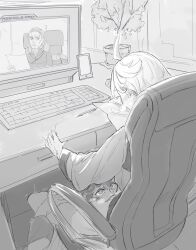 Rule 34 | 1boy, 2girls, ?, ahoge, at computer, beard, blush, bottomless, cellphone, chair, computer, cunnilingus, delling rembran, desk, facial hair, father and daughter, gundam, gundam suisei no majo, hand on another&#039;s thigh, heavy breathing, highres, humao san, computer keyboard, looking up, miorine rembran, monitor, monochrome, motion lines, multiple girls, oral, phone, plant, potted plant, profanity, sitting, smartphone, stealth cunnilingus, stealth sex, suletta mercury, trembling, under table, video call, white hair, yuri