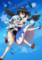Rule 34 | 2girls, black hair, black ribbon, black skirt, black wings, blue background, blue bow, blue dress, blue eyes, blush, blush stickers, bobby socks, bow, brown footwear, camera, cirno, commentary request, dress, feathered wings, feathers, feet out of frame, full body, geta, hair between eyes, hair bow, hands up, hat, holding, holding camera, holding person, ice, ice wings, leg up, looking at viewer, lunamoon, miniskirt, multiple girls, neck ribbon, one eye closed, open mouth, petticoat, pinafore dress, puffy short sleeves, puffy sleeves, red eyes, red footwear, red ribbon, ribbon, shameimaru aya, shirt, shoes, short hair, short sleeves, skirt, sleeveless dress, snowflakes, socks, tassel, tengu-geta, the memories of phantasm, thighs, tokin hat, touhou, v, white legwear, white shirt, wings