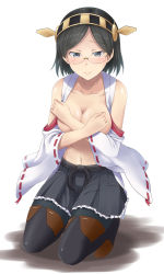 Rule 34 | 10s, 1girl, black hair, blush, boots, covering privates, covering breasts, crossed arms, detached sleeves, glasses, grey eyes, highres, kantai collection, kirishima (kancolle), kneeling, no bra, nontraditional miko, open clothes, open shirt, pantyhose, rimless eyewear, shirt, short hair, skirt, solo, takahan, thigh boots, thighhighs