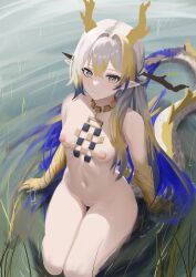 Rule 34 | 1girl, absurdres, arknights, blonde hair, choker, commentary, grey eyes, groin, highres, horns, jewelry, long hair, navel, necklace, nipples, nude, shu (arknights), sitting, solo, stomach, thighs, very long hair, white hair, yan kodiac