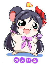 Rule 34 | 1girl, :3, :d, animal ears, animalization, blush, bow, bowtie, eromame, green eyes, hair ornament, hamster, hamtaro (series), long hair, love live!, love live! school idol project, open mouth, parody, purple bow, purple bowtie, purple hair, simple background, smile, solo, standing, tojo nozomi, twintails, white background