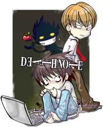 Rule 34 | 00s, 2boys, apple, bags under eyes, barefoot, brown hair, chibi, computer, copyright name, dated, death note, food, fruit, grin, keyboard (computer), l (death note), laptop, looking back, male focus, multiple boys, necktie, ryuk, short hair, sitting, smile, yagami light