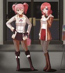 Rule 34 | 2girls, :d, anime coloring, bag, blush, boots, brown eyes, brown gloves, brown jacket, brown legwear, canadawbd, choker, commentary, contrapposto, crossover, fur trim, gloves, grey jacket, grey legwear, hair between eyes, handbag, highres, holding, holding bag, idolmaster, idolmaster cinderella girls, jacket, jougasaki mika, knee boots, lipstick, long sleeves, looking at viewer, love live!, love live! school idol project, makeup, miniskirt, multiple girls, neck ribbon, nishikino maki, one eye closed, open mouth, outdoors, pantyhose, pink hair, purple eyes, purple footwear, purple gloves, purple skirt, red choker, red hair, red lips, red skirt, ribbon, shirt, short hair, skirt, smile, standing, twintails, white shirt