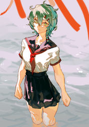Rule 34 | 1girl, absurdres, black sailor collar, black skirt, blouse, braid, bright pupils, closed mouth, collarbone, commentary request, green hair, green pupils, highres, light smile, looking at viewer, medium hair, mole, mole under eye, neckerchief, original, pleated skirt, red neckerchief, red ribbon, renxzd, ribbon, sailor collar, school uniform, serafuku, shirt, shirt tucked in, short sleeves, side braid, skirt, solo, wading, water, white pupils, white shirt, yellow eyes