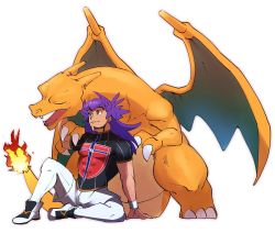 Rule 34 | 1boy, arm support, champion uniform, charizard, creatures (company), dark-skinned male, dark skin, facial hair, fire, flame-tipped tail, game freak, gen 1 pokemon, highres, leggings, leon (pokemon), long hair, male focus, morio (poke orio), nintendo, parted lips, pokemon, pokemon (creature), pokemon swsh, purple hair, shield print, shirt, shoes, short shorts, short sleeves, shorts, simple background, sitting, smile, spread legs, sword print, white background, white legwear, white shorts, white wristband, wristband, yellow eyes