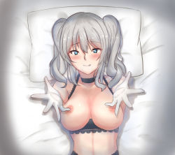 Rule 34 | black choker, blue eyes, blush, breasts, choker, drooling, gloves, grey hair, heart, heart-shaped pupils, kantai collection, kashima (kancolle), large breasts, looking at viewer, nipples, outstretched arm, solo, symbol-shaped pupils, tongue, tongue out, two side up, underwear, upper body, white gloves, yusha m
