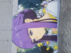 1girl absurdres bad_source blunt_bangs bright_pupils building dress ekns01 exif_rotation fern_(sousou_no_frieren) floral_background flower gold_necklace graffiti_(medium) half-closed_eyes highres jewelry long_hair making-of_available necklace petals photo_(medium) purple_eyes sidelocks sidewalk smile solo sousou_no_frieren traditional_media upper_body white_dress white_flower white_pupils yellow_flower