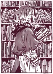 Rule 34 | 1boy, :d, animal ears, book, bookshelf, border, brown theme, cat ears, commentary request, crystal exarch, facing viewer, final fantasy, final fantasy xiv, from behind, g&#039;raha tia, g'raha tia, holding, holding book, itowo (itowc), looking back, male focus, miqo&#039;te, monochrome, open mouth, robe, smile, solo, white border