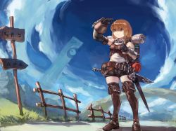 Rule 34 | 1girl, backpack, bag, bedroll, black gloves, black shorts, blanket, blue eyes, boots, braid, brown footwear, brown hair, brown thighhighs, closed mouth, cloud, cloudy sky, elbow gloves, fantasy, fence, floating, gloves, grass, greentanuki, highres, light brown hair, looking afar, medium hair, mountain, original, outdoors, pillar, rock, scabbard, shaded face, sheath, sheathed, short shorts, shorts, sign, sky, smile, solo, standing, sword, thigh boots, thighhighs, vambraces, vial, weapon
