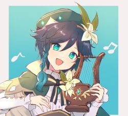 Rule 34 | 1boy, androgynous, beret, black hair, blue background, blue hair, bow, braid, brooch, cape, collared cape, collared shirt, commentary request, flower, frilled sleeves, frills, gem, genshin impact, gradient hair, green eyes, green hat, hat, hat flower, holding, holding instrument, instrument, jewelry, leaf, long sleeves, looking at viewer, lyre, male focus, multicolored hair, musical note, open mouth, shirt, short hair with long locks, simple background, smile, solo, tadaooooononon, twin braids, venti (genshin impact), white flower, white shirt