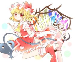 Rule 34 | 1girl, ascot, blonde hair, flandre scarlet, hand on own chest, hat, hat ribbon, highres, kyapinetzu, laevatein, looking at viewer, mob cap, puffy sleeves, rainbow order, red eyes, red footwear, ribbon, shirt, shoes, short hair, skirt, skirt set, smile, solo, sparkle, touhou, vest, wings