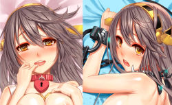 Rule 34 | 10s, 1girl, black hair, blush, breasts, brown eyes, censored, chain, collar, hairband, haruna (kancolle), kantai collection, long hair, mana (remana), nude, out-of-frame censoring, solo