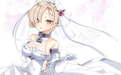 Rule 34 | 1girl, azur lane, bare shoulders, blonde hair, blush, braid, breasts, bride, cleavage, commentary request, covered navel, dress, elbow gloves, flower, gloves, hair flower, hair ornament, hair over one eye, hand up, lock, looking at viewer, medium breasts, parted lips, red flower, red rose, rose, see-through, sheffield (azur lane), short hair, skin tight, skirt hold, sleeveless, sleeveless dress, solo, upper body, veil, wedding dress, white dress, white gloves, yayoi asuka, yellow eyes
