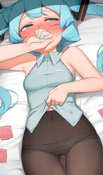 Rule 34 | 1girl, abmayo, bare shoulders, black pantyhose, blue eyes, blue hair, blue nails, blue shirt, blush, breasts, clothes lift, commentary, commentary request, condom, covered navel, covering own mouth, duplicate, gluteal fold, hair ornament, hand up, hands on own face, hatsune miku, highres, long hair, lying, nail polish, on back, panties, pantyhose, pixel-perfect duplicate, see-through, shirt, shirt lift, sleeveless, sleeveless shirt, small breasts, solo, squinting, striped clothes, striped panties, sweatdrop, twintails, underwear, upper body, vocaloid