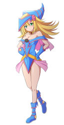 Rule 34 | 1girl, bare shoulders, blonde hair, blue footwear, blush, blush stickers, boots, breasts, choker, cleavage, closed mouth, commentary request, dark magician girl, detached sleeves, duel monster, green eyes, hat, highres, kayama kenji, large breasts, long hair, looking at viewer, pentacle, simple background, smile, solo, white background, wizard hat, yu-gi-oh!, yuu-gi-ou, yu-gi-oh! duel monsters