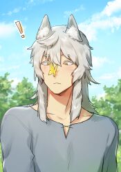 Rule 34 | 1boy, animal ears, blue sky, blurry, blush, bug, butterfly, closed mouth, cloud, cloudy sky, depth of field, grey hair, highres, insect, looking down, male focus, original, outdoors, shiohara shinogi, shirt, sky, solo, tree, upper body, wolf boy, wolf ears, yellow eyes