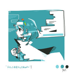 Rule 34 | 1girl, 3ma can omochi, abstract, black eyes, blending, blue background, blue hair, blue shirt, cape, cloud, color guide, commentary request, cropped torso, from side, highres, index finger raised, limited palette, long sleeves, looking up, profile, puffy long sleeves, puffy sleeves, rainbow gradient, rainbow hairband, red nails, shirt, signature, solo, tenkyuu chimata, touhou, translation request, white cape